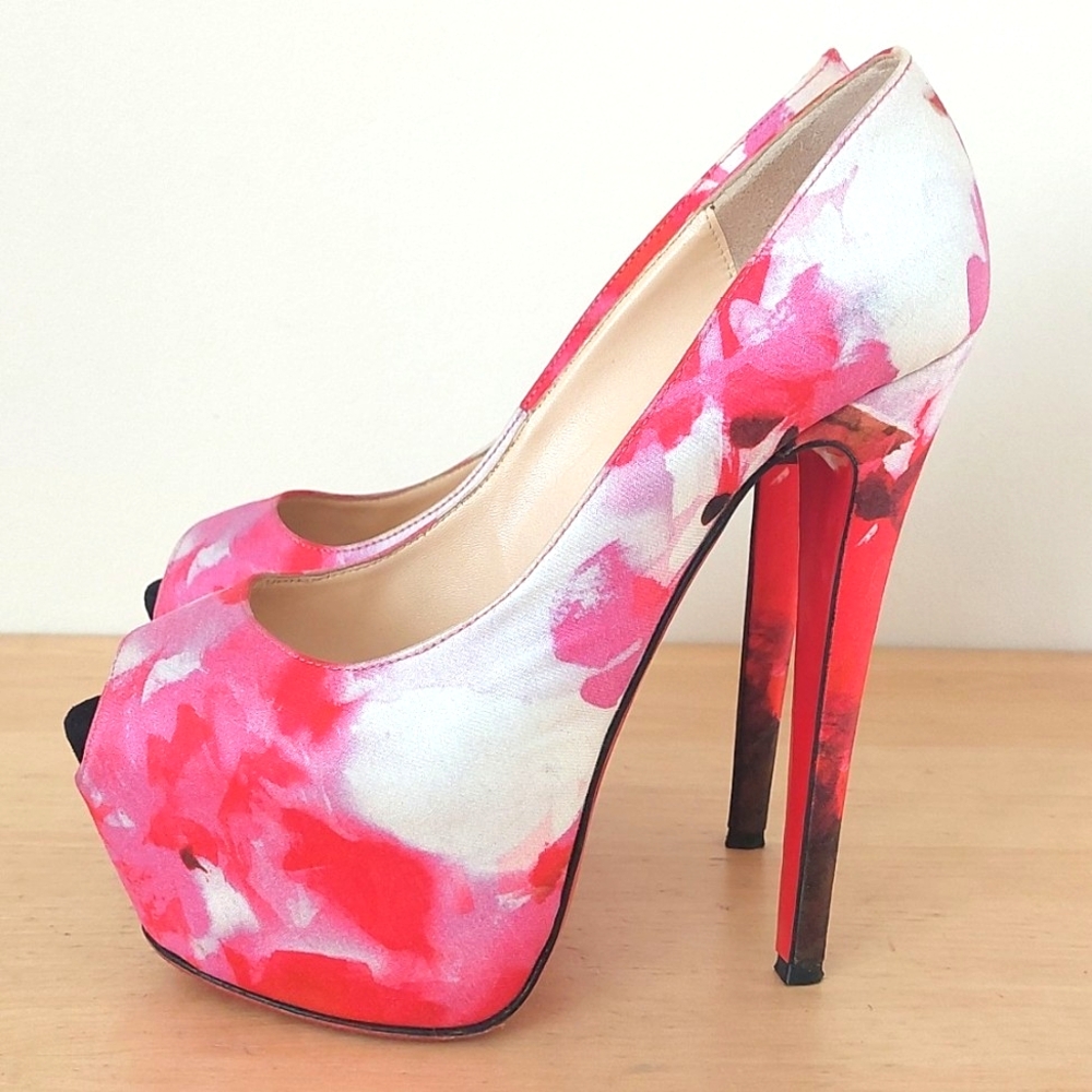 Christian Louboutin floral printed fabric open toe platform heels